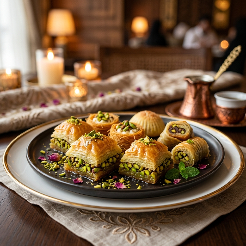 Elegant platter of gourmet Arabic desserts and sweets