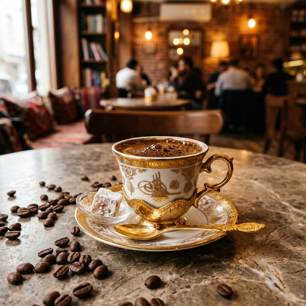 Ornate cup of rich, foaming Turkish Coffee